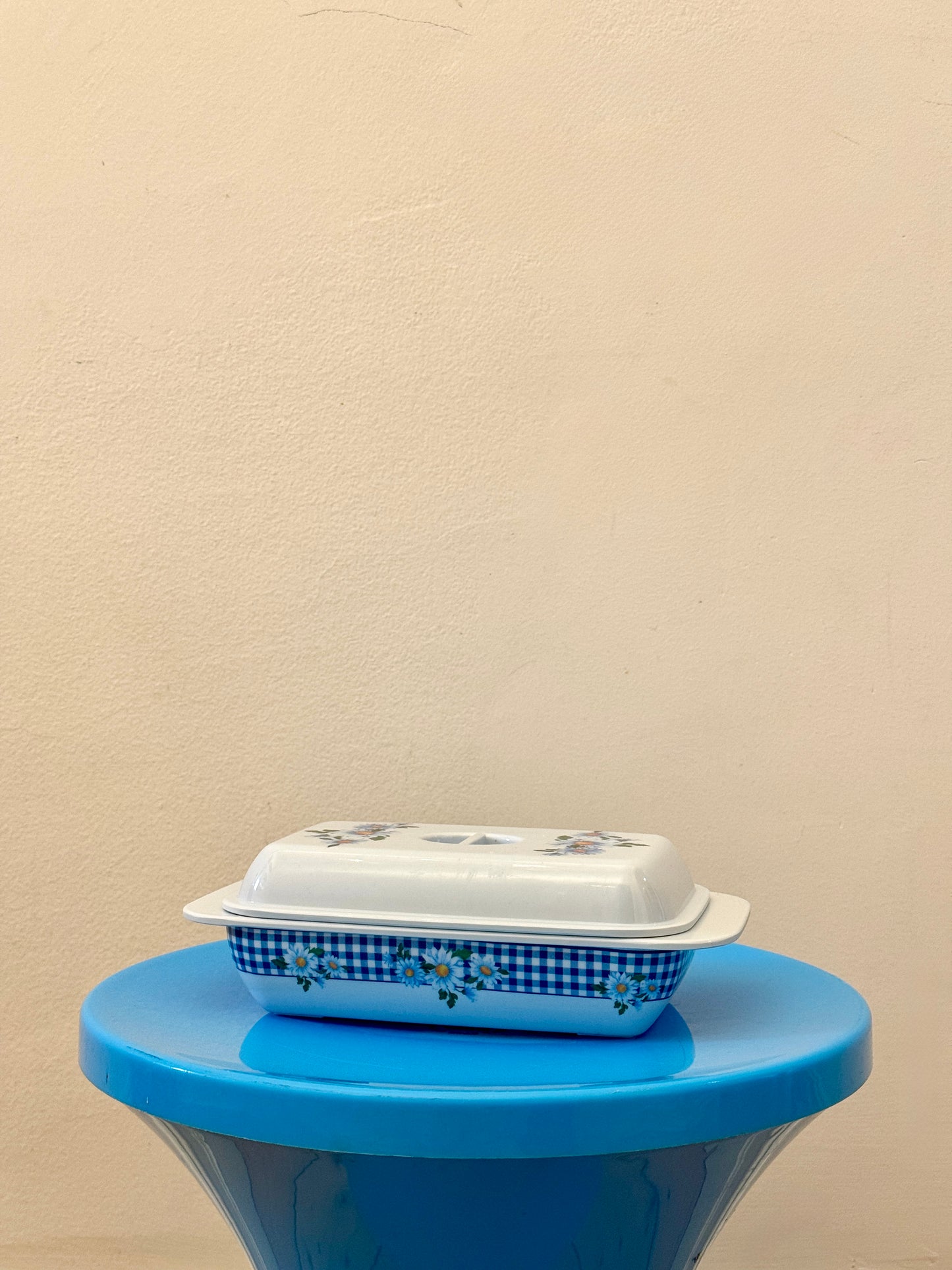Vintage Melamine Butter Dish – Blue Gingham & Daisy Floral