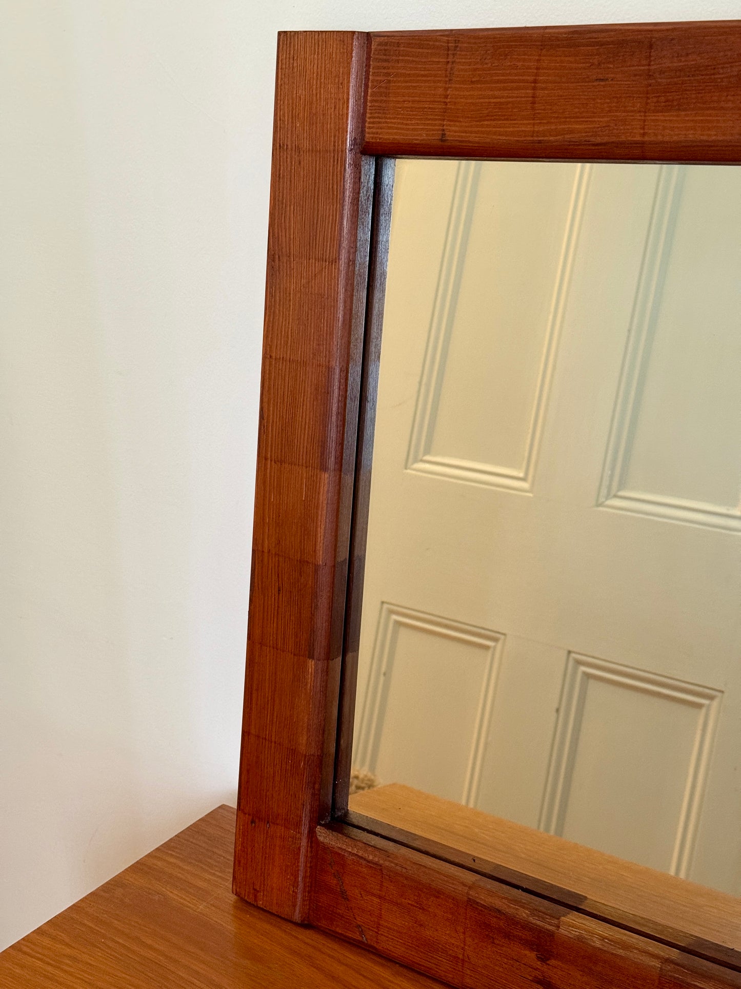 Chunky Vintage Wooden Mirror with Checked Stain Pattern — 1960s/70s