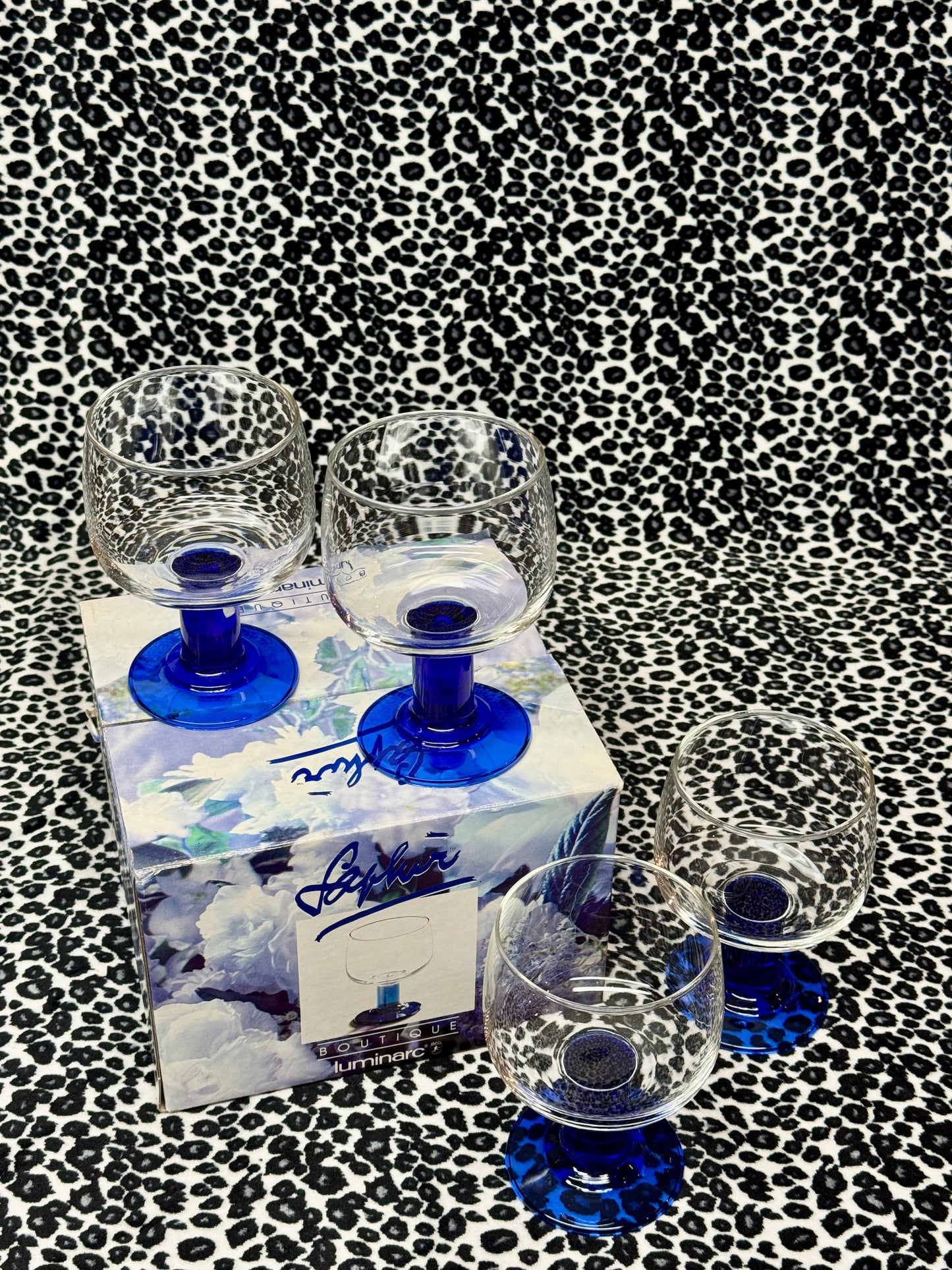 4 x Vintage Saphir Boutique by Luminarc Coupe Glasses – Blue Stems, Original Box