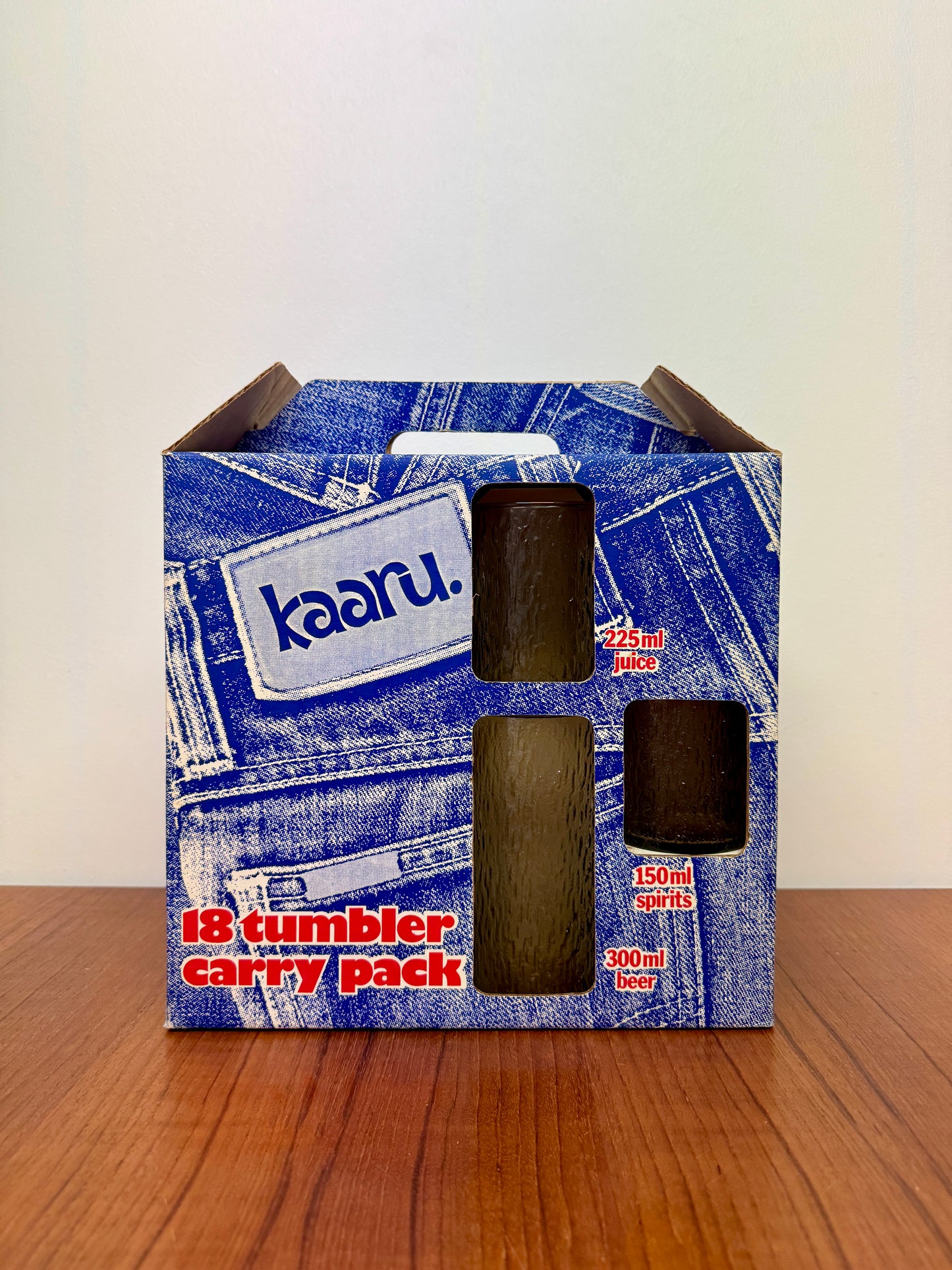 Vintage 1970s–80s Kaaru 18pc smokey textured glass tumbler carry pack | NZ-Made with Original Denim Box