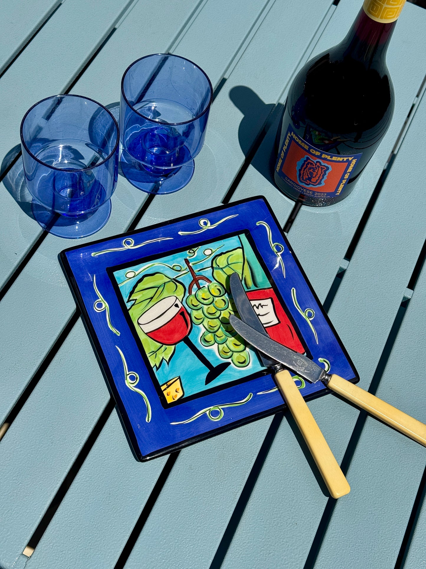 Vintage Hand-Painted Ceramic Cheese Plate with Tumblers and Knives