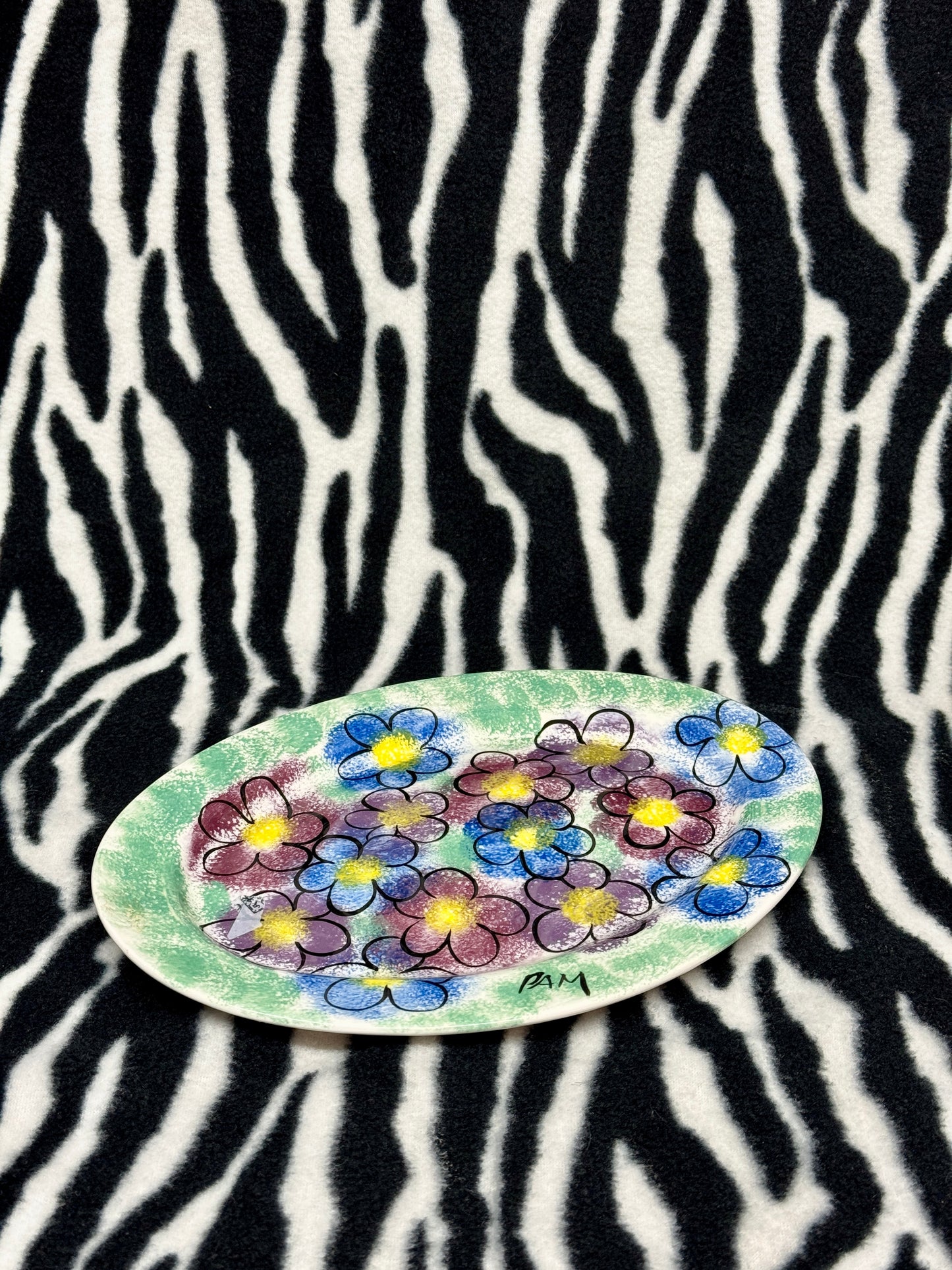 Vintage Hand-Painted Ceramic Plates Signed “PAM” Bold Floral Design Set of 2