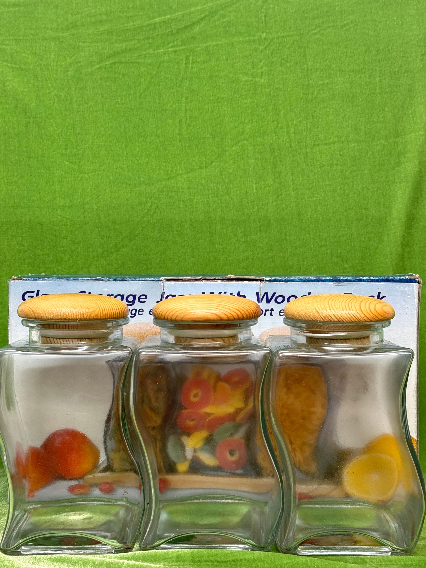 Vintage Curvy Glass Storage Jars with Wooden Rack