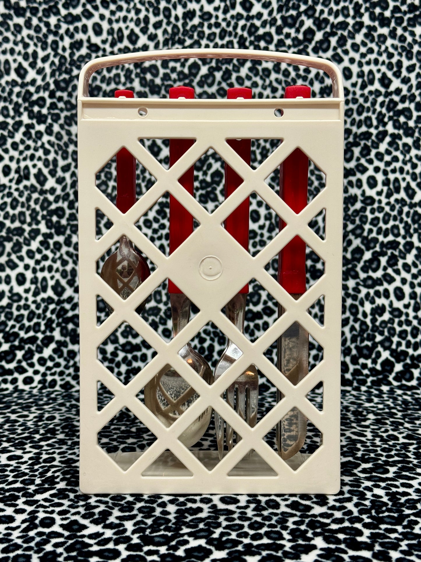 80s Vintage Red 24 piece stainless steel cutlery set with stand