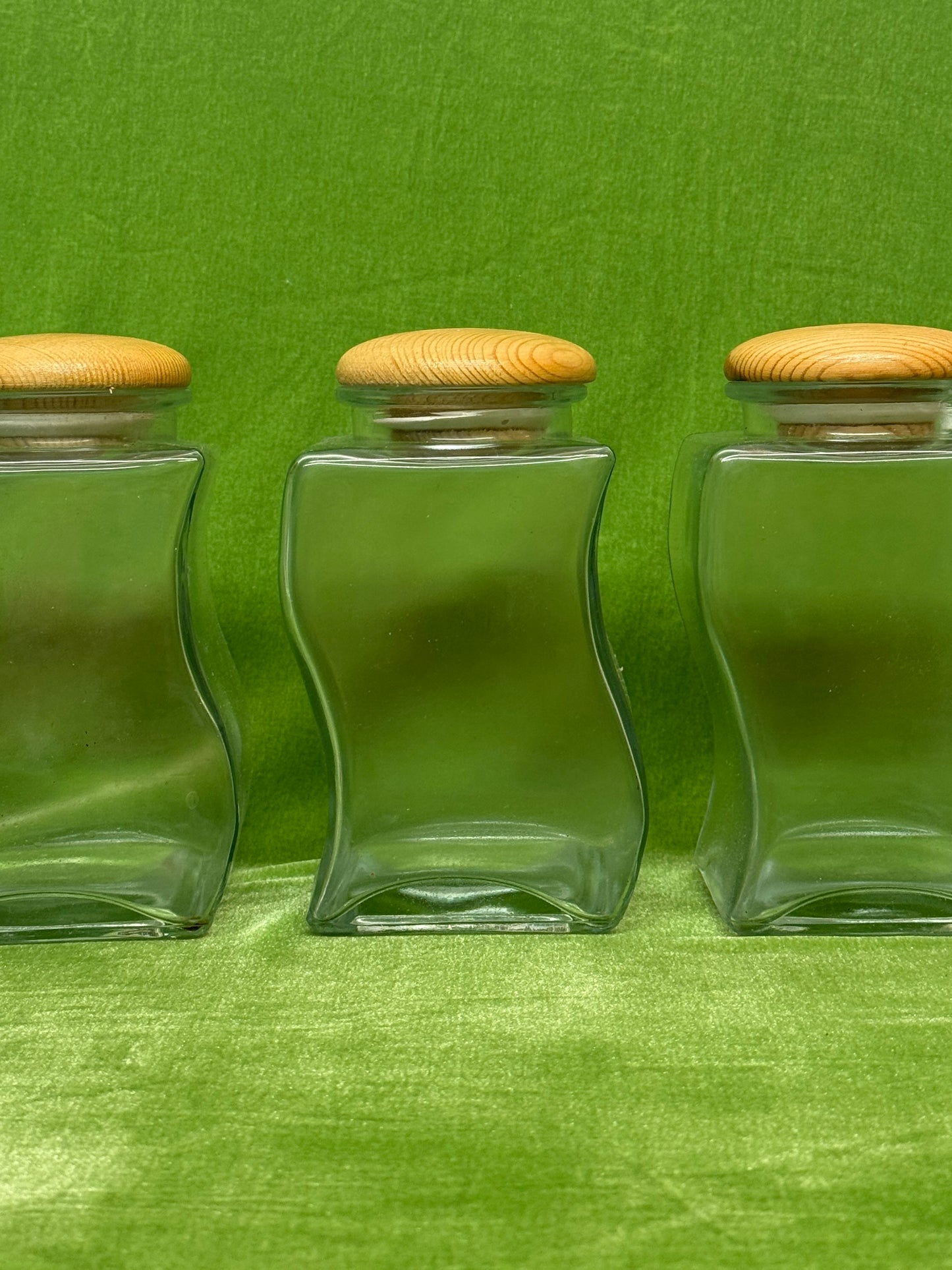 Vintage Curvy Glass Storage Jars with Wooden Rack