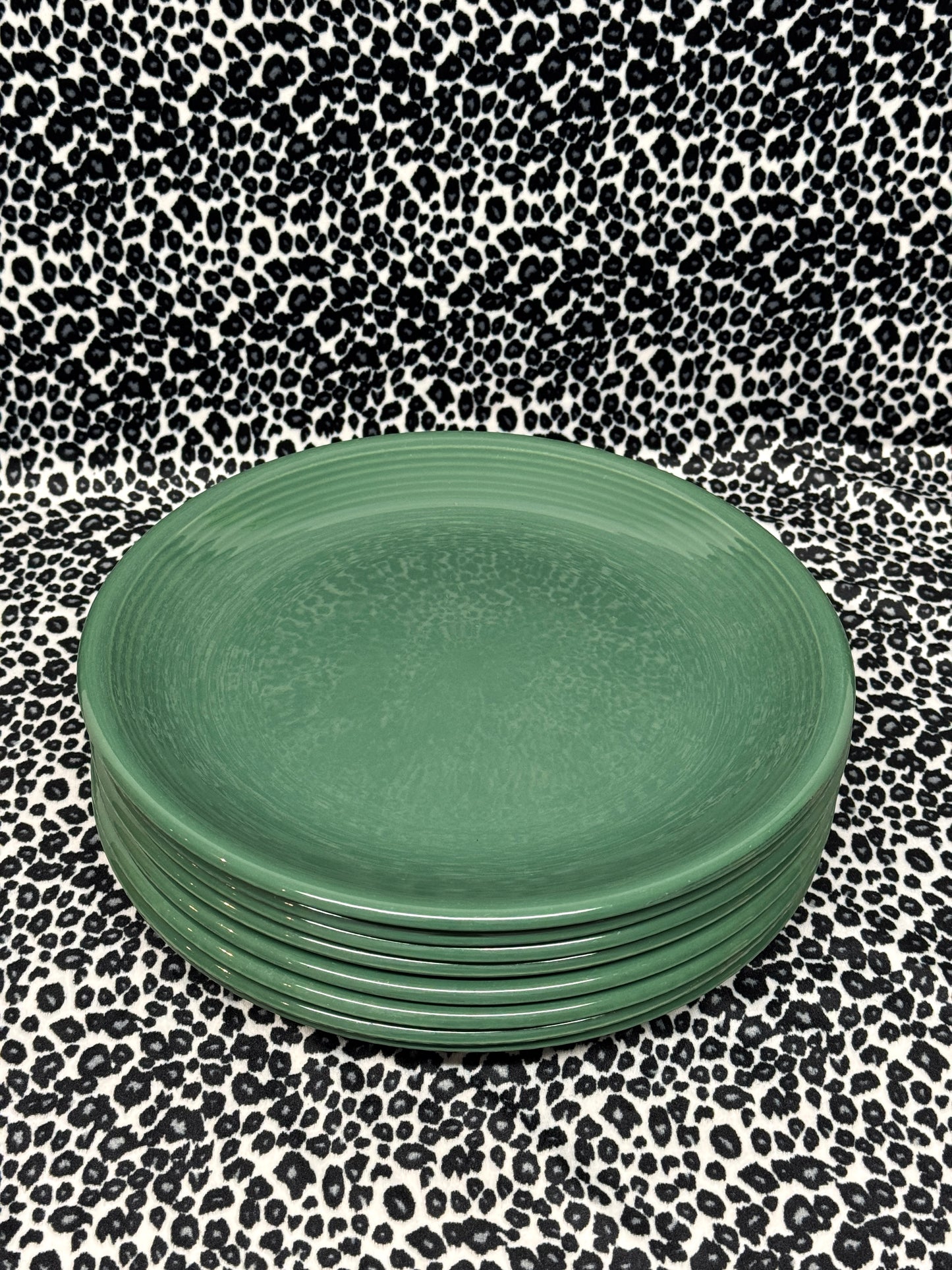 Vintage Japanese Stoneware Dinner Plates – Set of 8 – Green Glaze – Made in Japan