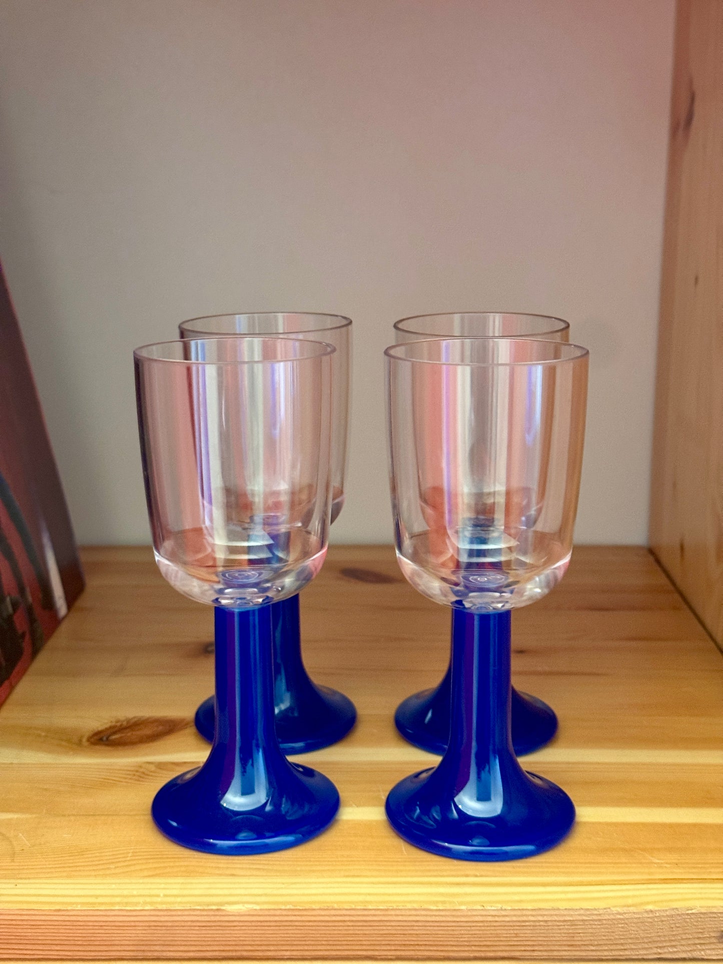 Set of 4 Vintage Blue Stem Plastic Wine Glasses