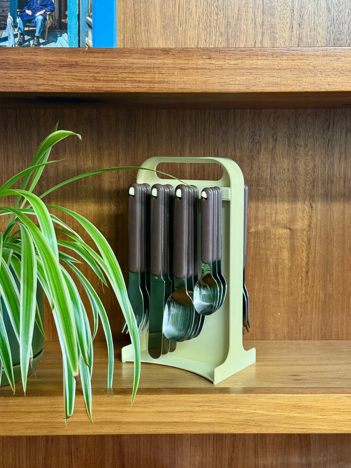Vintage 70s Brown Cutlery Set with Plastic Caddy