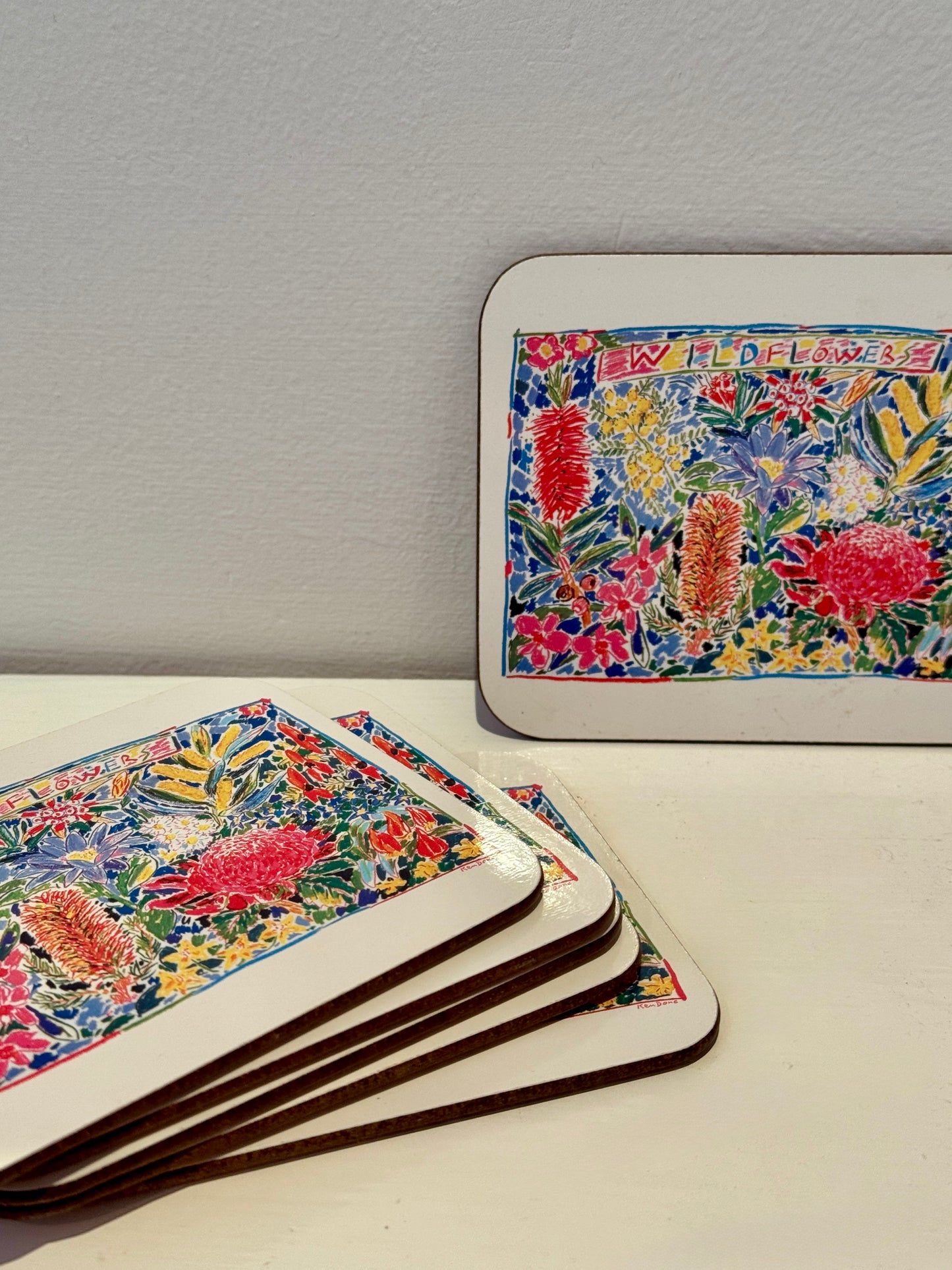 1980s Vintage Ken Done “Wildflowers” Coaster Set – 6 Piece – Designed for Jason Products – Australian Native Flora Art
