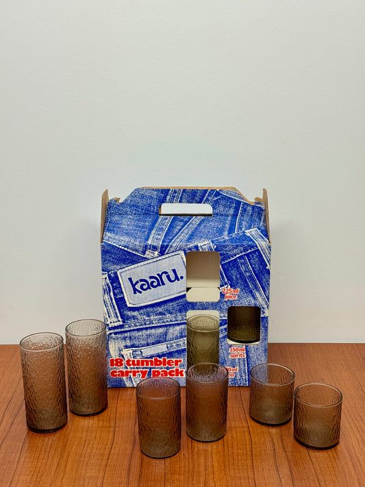 Vintage 1970s–80s Kaaru 18pc smokey textured glass tumbler carry pack | NZ-Made with Original Denim Box