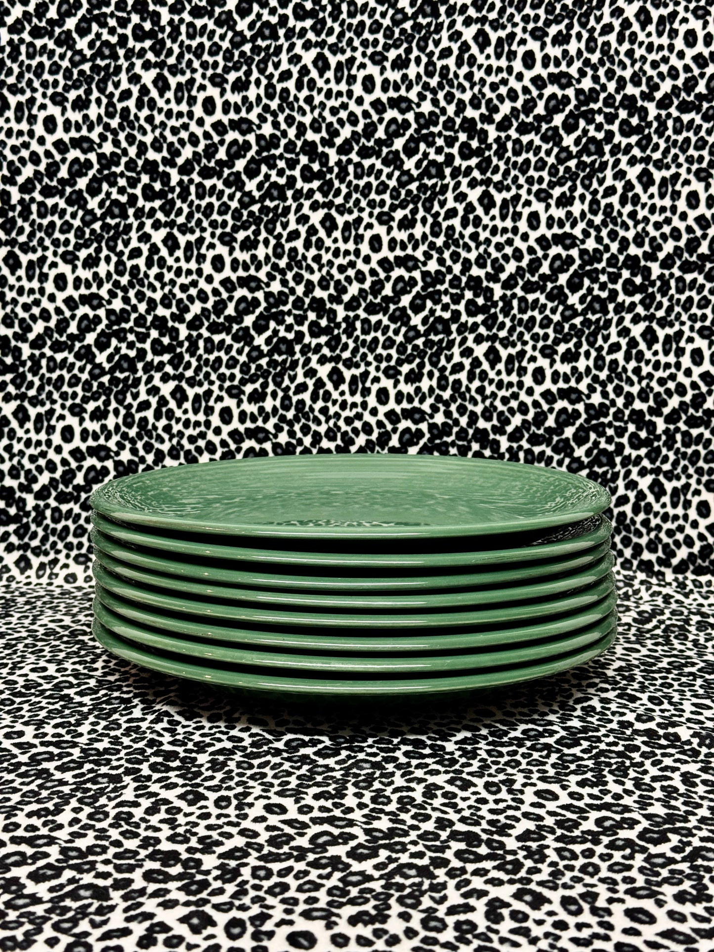 Vintage Japanese Stoneware Dinner Plates – Set of 8 – Green Glaze – Made in Japan