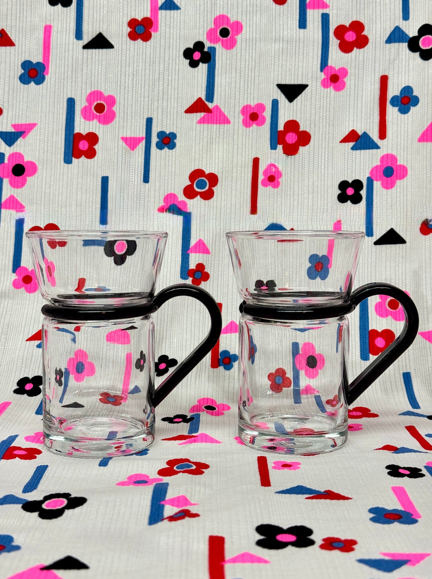 Ocean Glass Stacking Mugs Set of 2 Modernist Black Handle Design