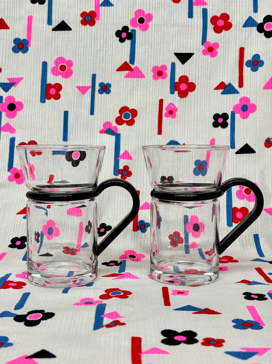 Ocean Glass Stacking Mugs Set of 2 Modernist Black Handle Design