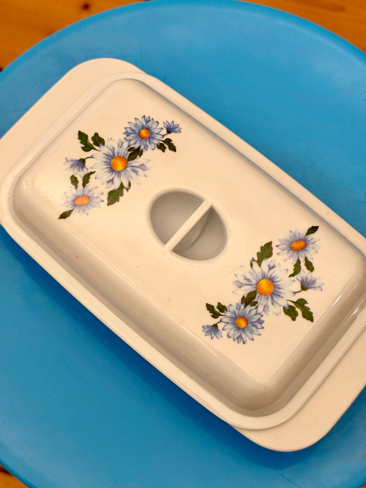 Vintage Melamine Butter Dish – Blue Gingham & Daisy Floral