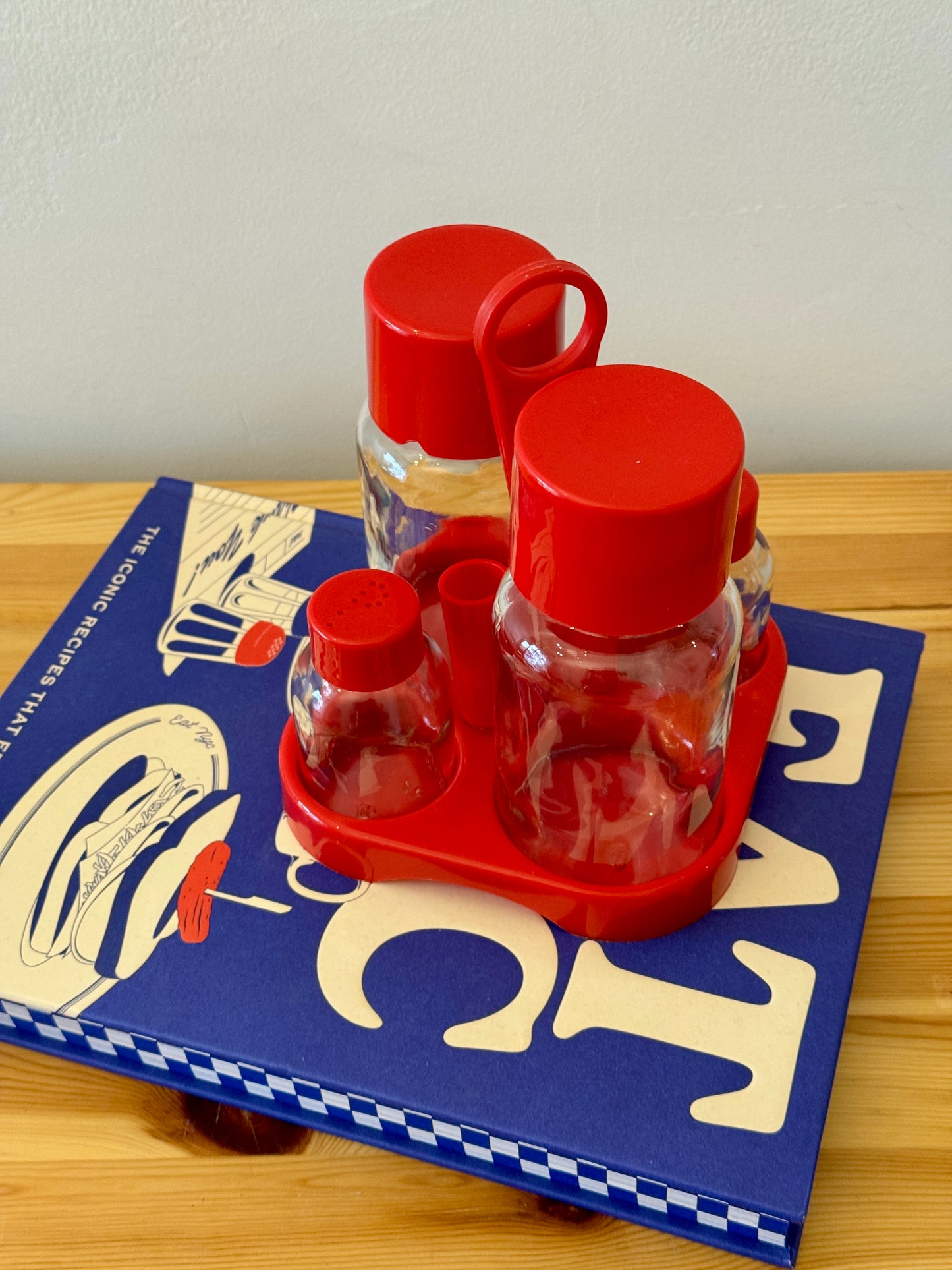Vintage Red Plastic Condiment Set – Salt, Pepper & Oil Cruets