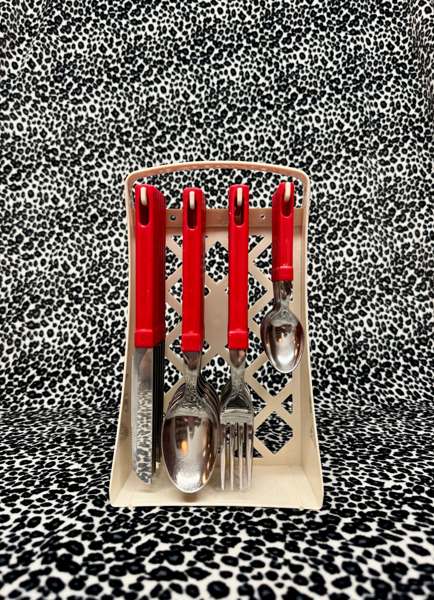 80s Vintage Red 24 piece stainless steel cutlery set with stand