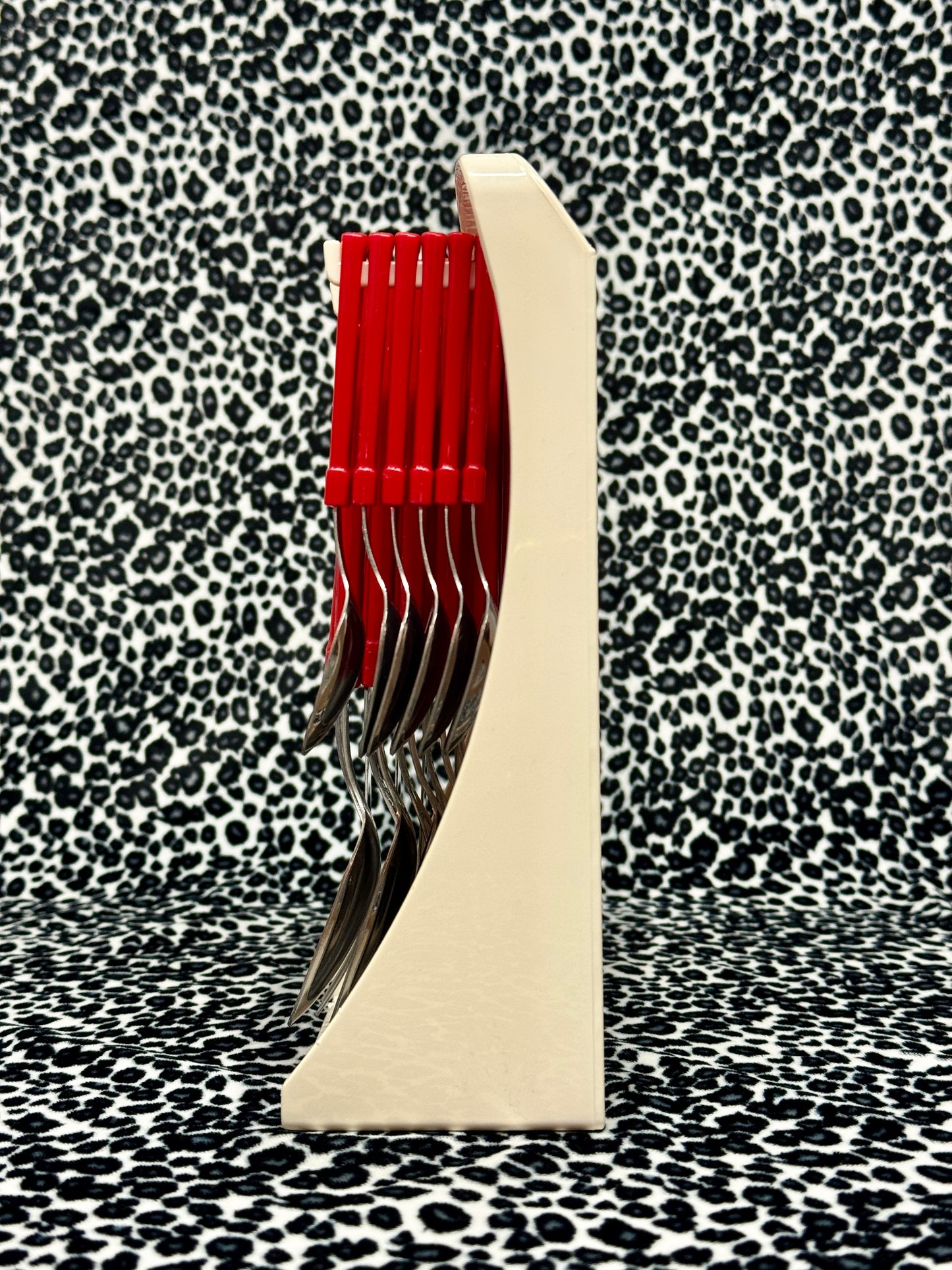 80s Vintage Red 24 piece stainless steel cutlery set with stand