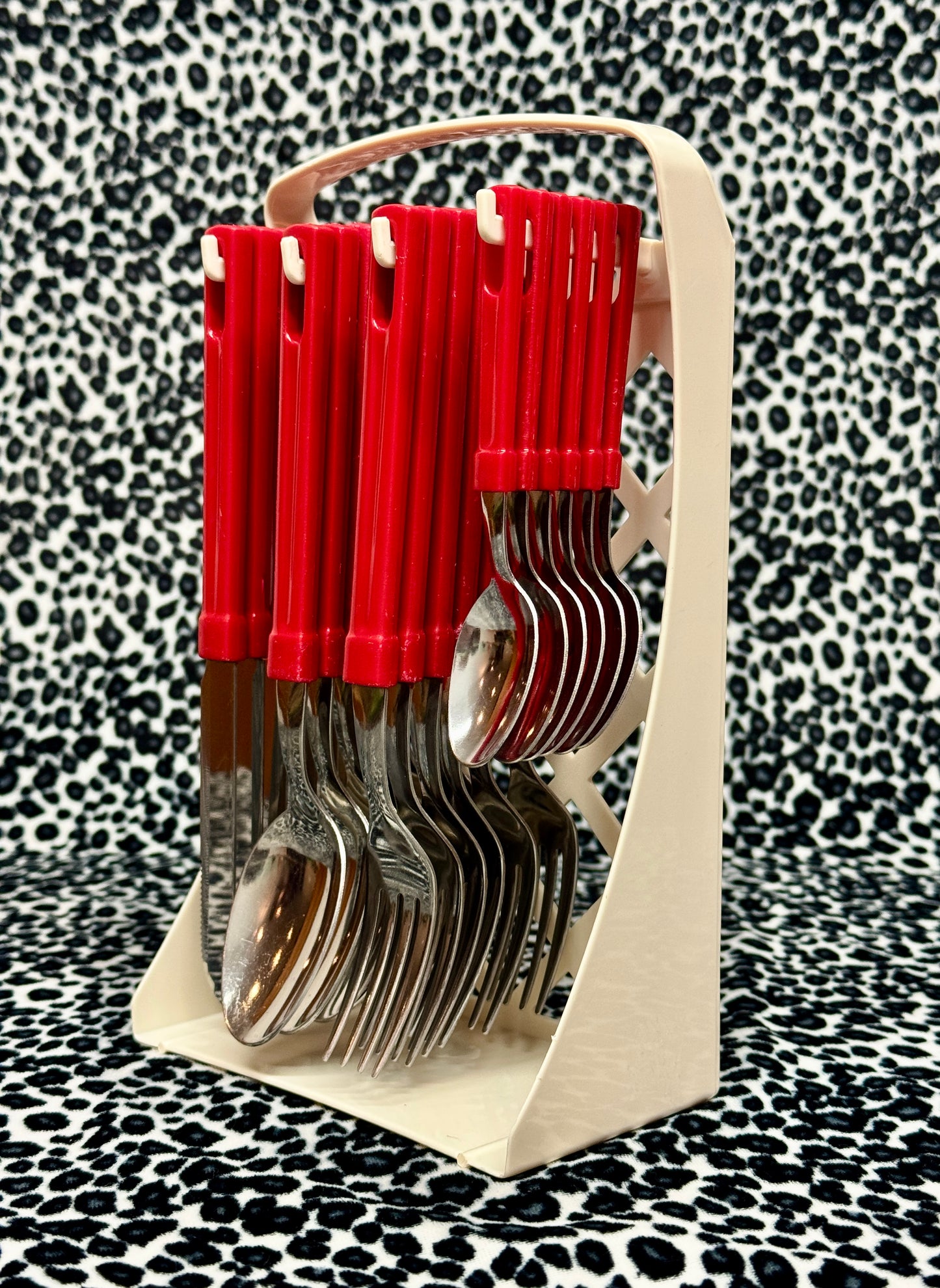 80s Vintage Red 24 piece stainless steel cutlery set with stand