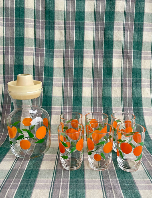 Vintage Citrus Print Glass Carafe with Juicer Lid + 6 glasses