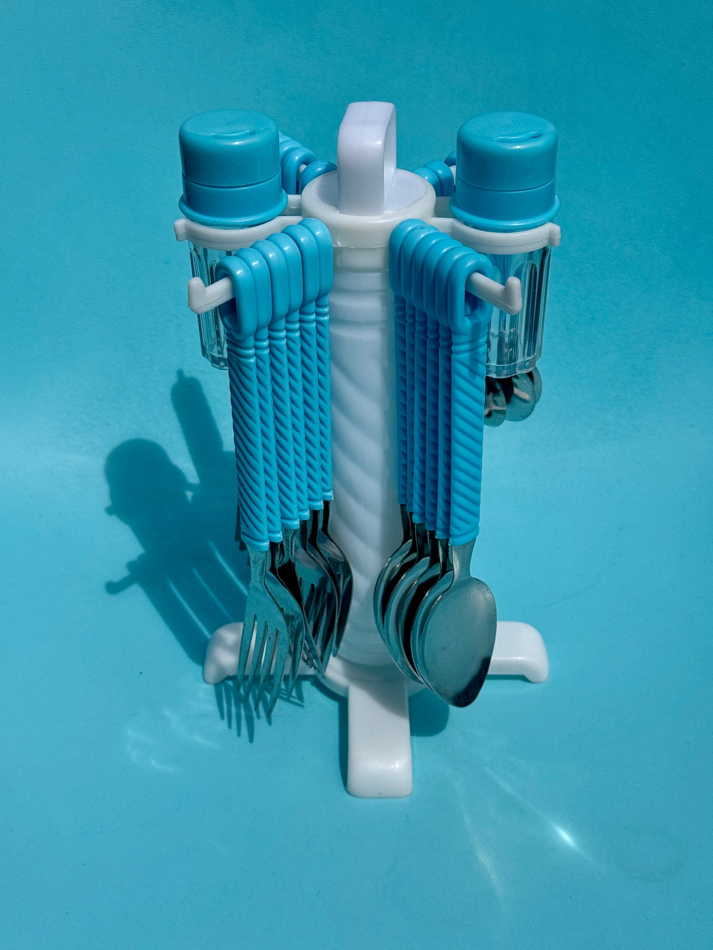 Vintage Pastel Blue Cutlery Set on Rotating Stand