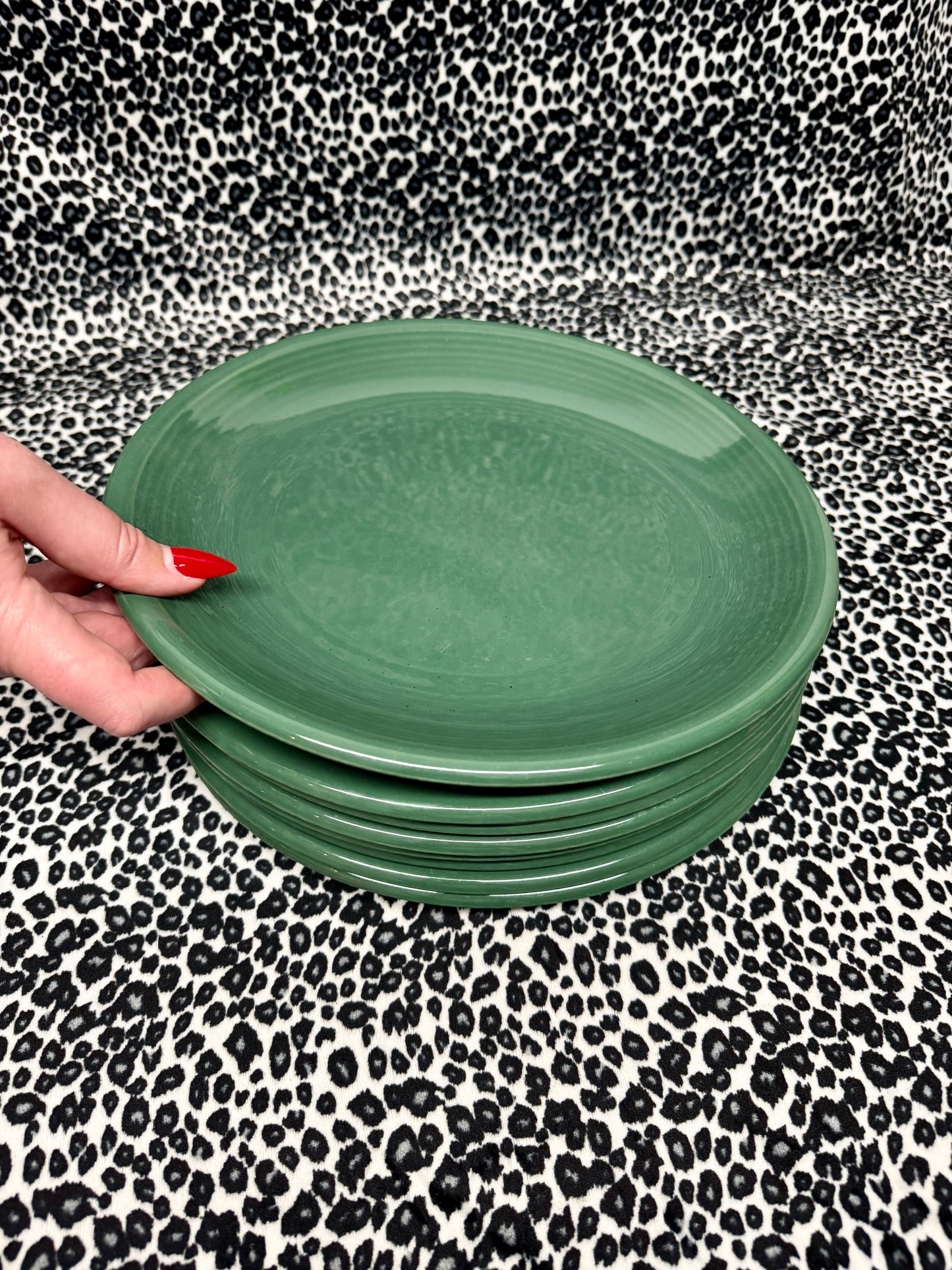 Vintage Japanese Stoneware Dinner Plates – Set of 8 – Green Glaze – Made in Japan