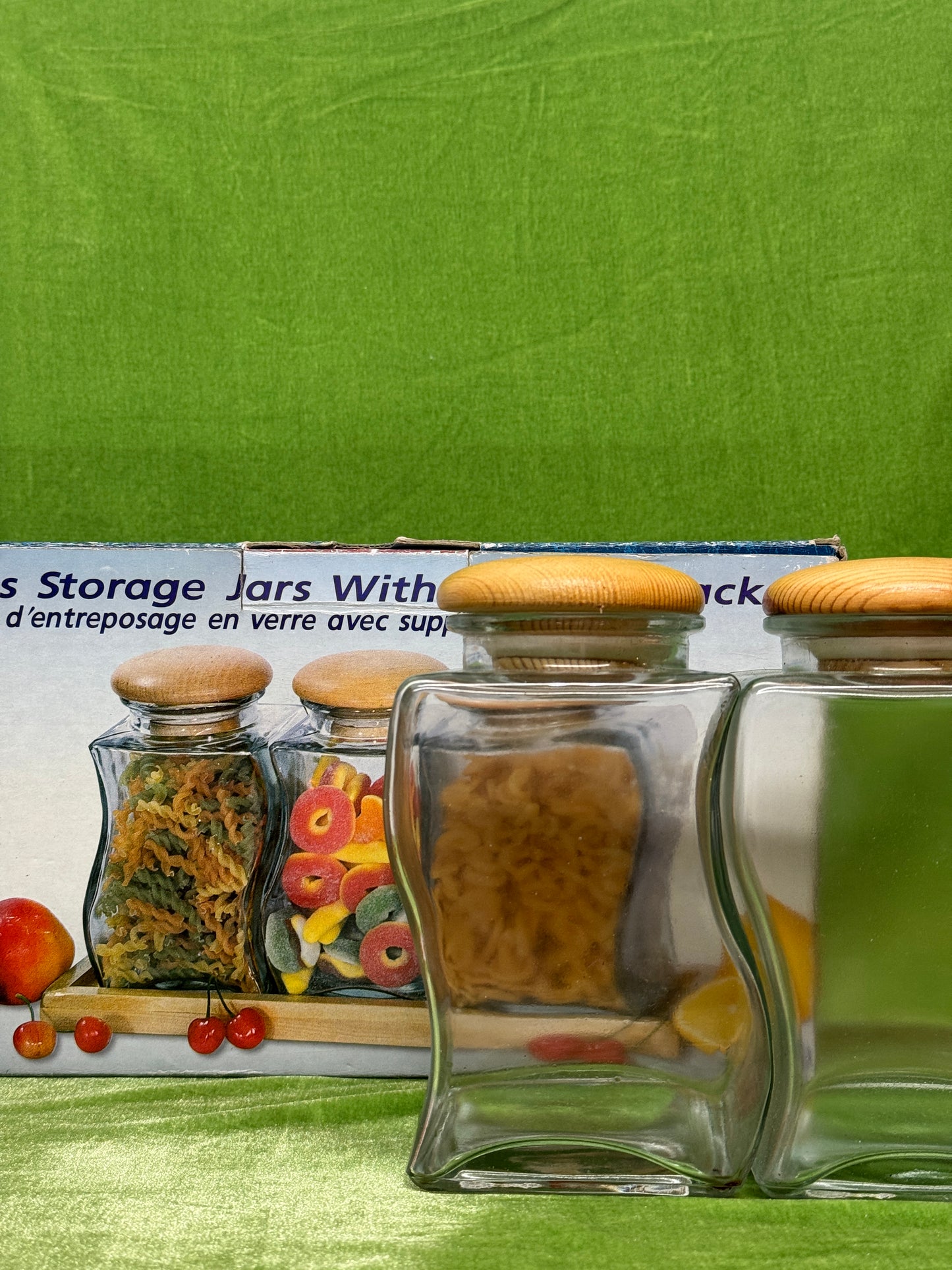 Vintage Curvy Glass Storage Jars with Wooden Rack