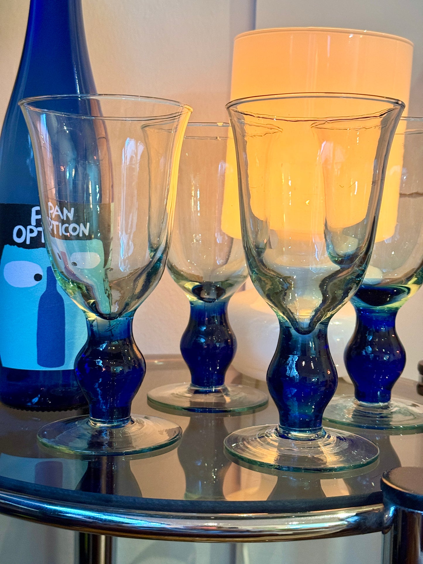 Set of 4 Vintage Wine Glasses – Blue Base, Sculptural Stem