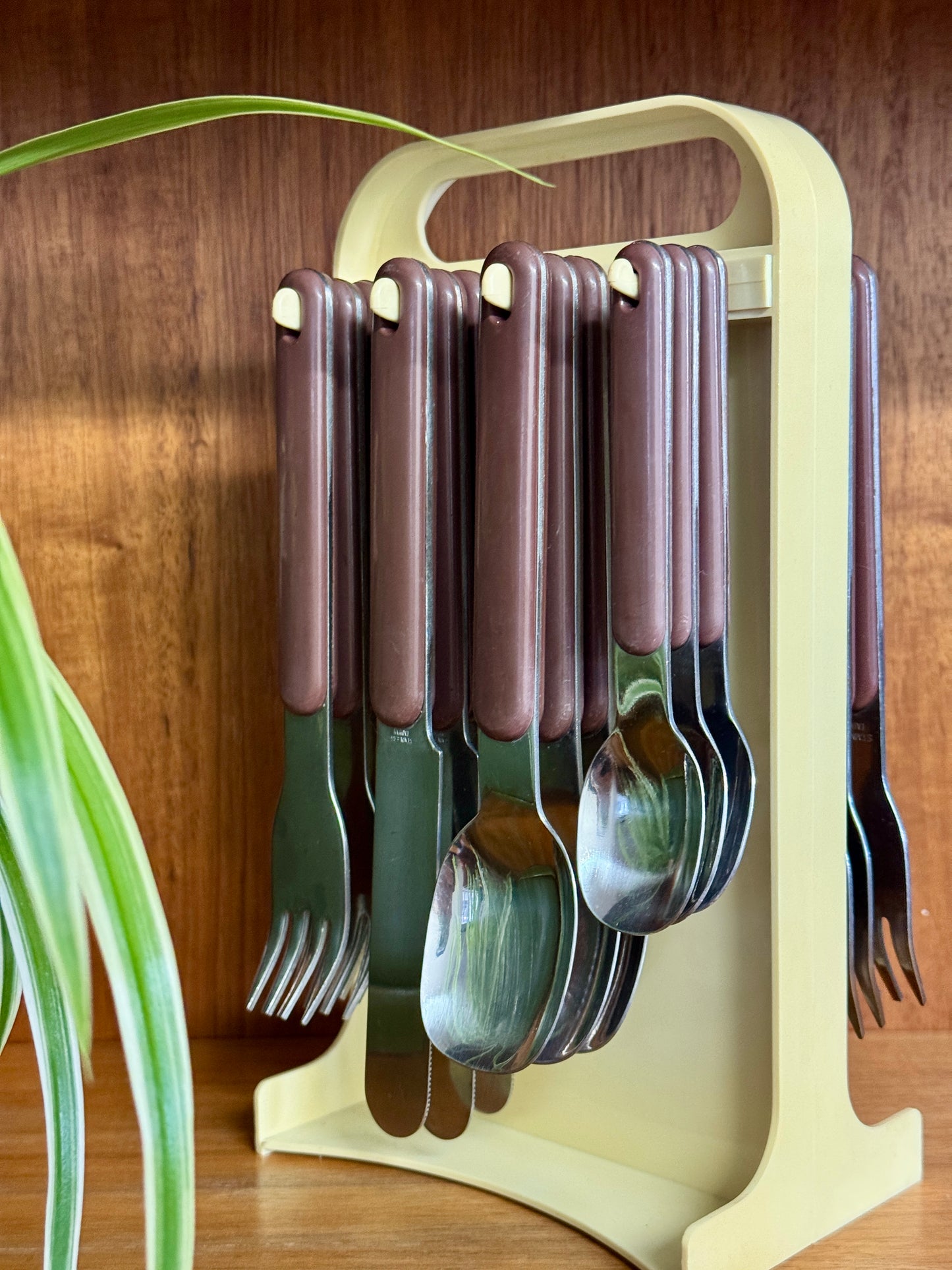 Vintage 70s Brown Cutlery Set with Plastic Caddy