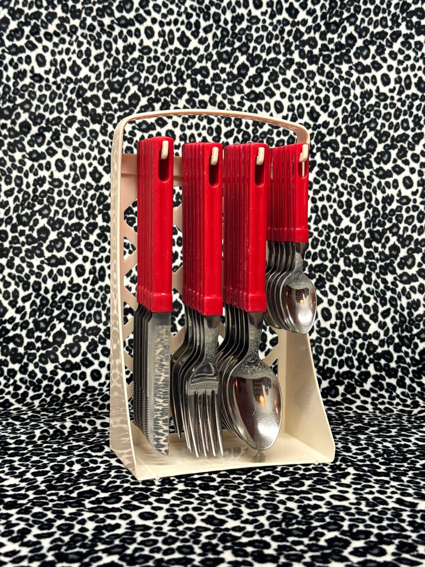 80s Vintage Red 24 piece stainless steel cutlery set with stand