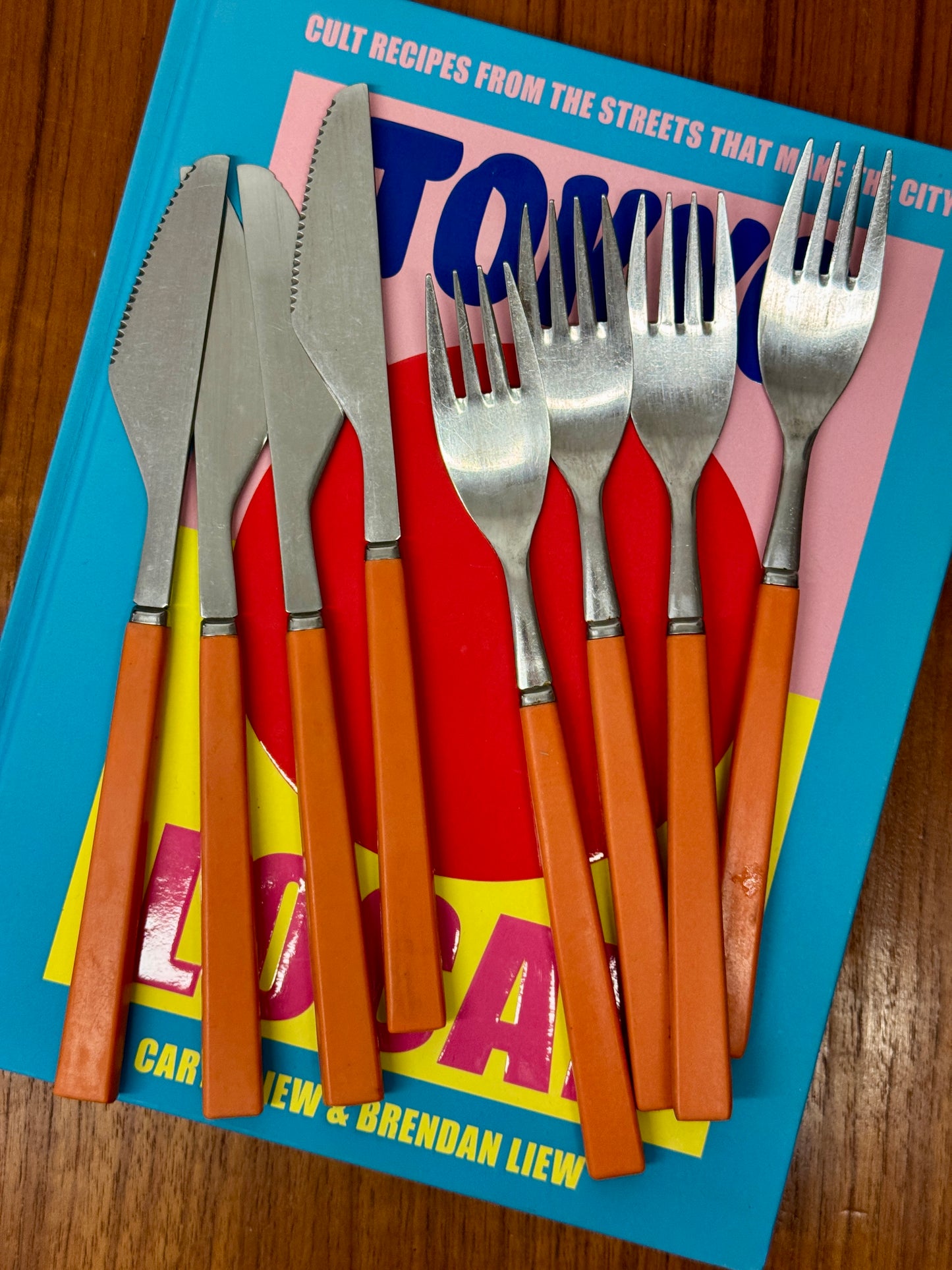 Vintage Orange Handle Knife & Fork Set – 8 Piece