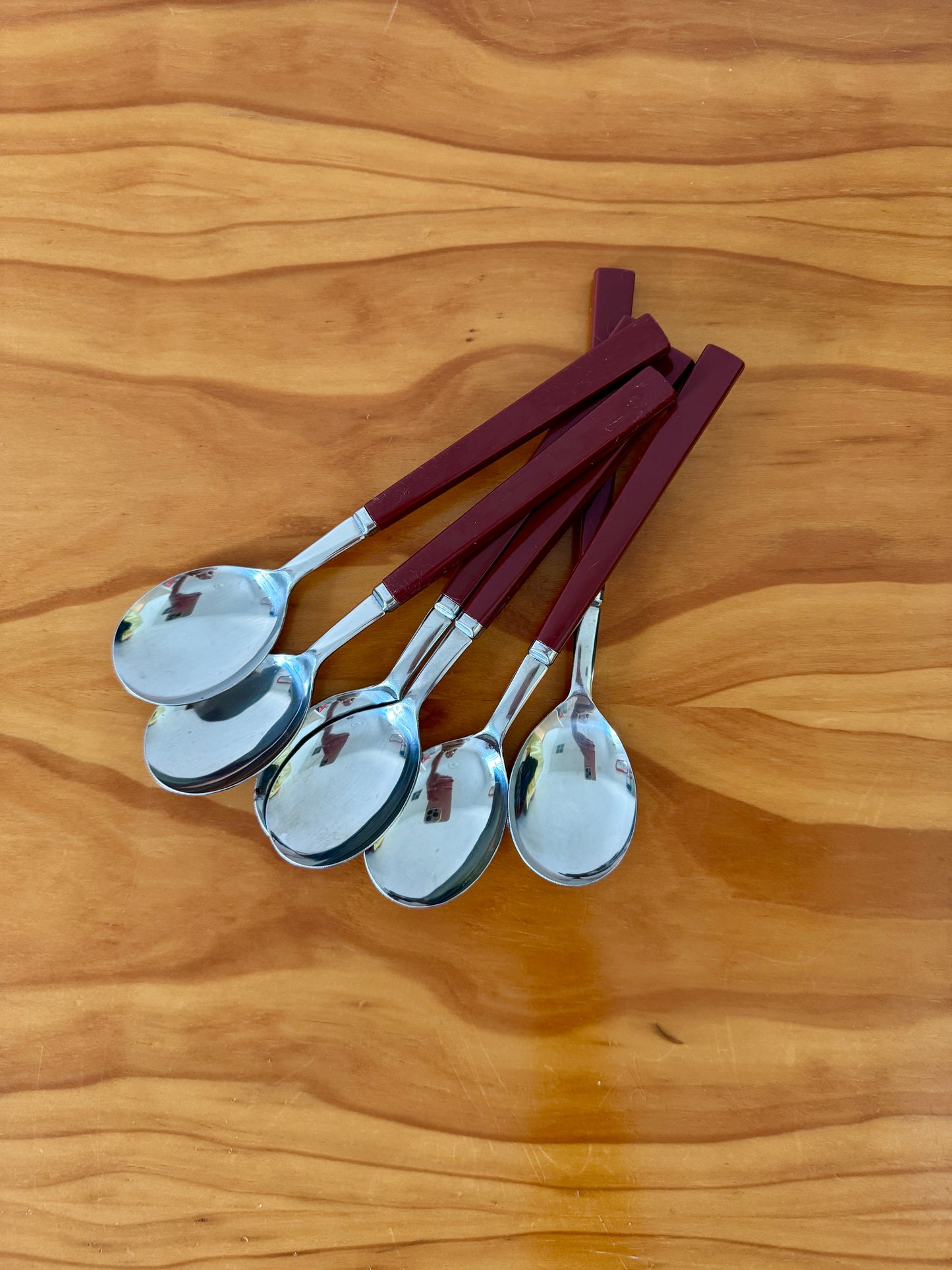 Vintage Stainless Steel Teaspoons with Burgundy Handles – Set of 6
