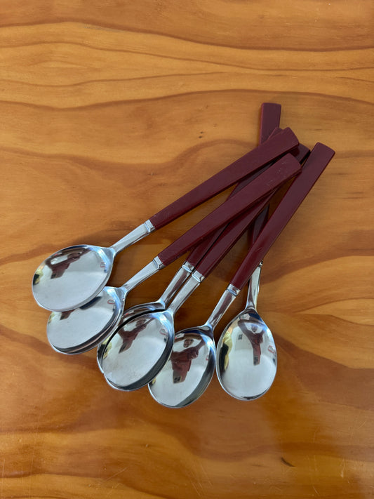 Vintage Stainless Steel Teaspoons with Burgundy Handles – Set of 6
